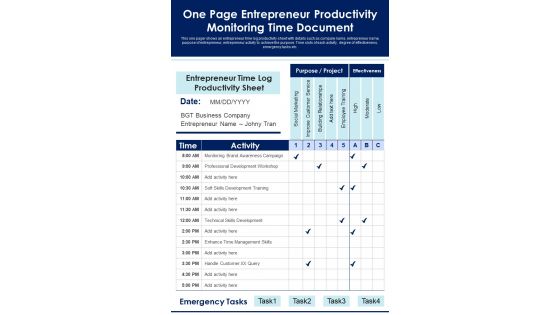 One Page Entrepreneur Productivity Monitoring Time Document PDF Document PPT Template
