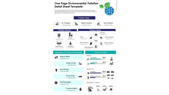 One Page Environmental Pollution Detail Sheet Template PDF Document PPT Template