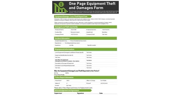 One Page Equipment Theft And Damages Form PDF Document PPT Template