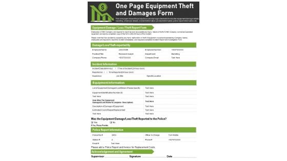 One Page Equipment Theft And Damages Form PDF Document PPT Template One Page Equipment Theft And Damages Form PDF Document PPT Template