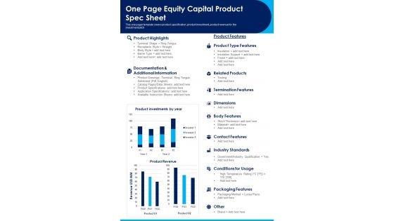 One Page Equity Capital Product Spec Sheet PDF Document PPT Template