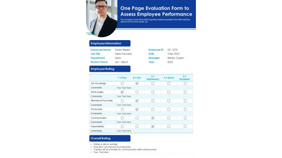 One Page Evaluation Form To Assess Employee Performance PDF Document PPT Template