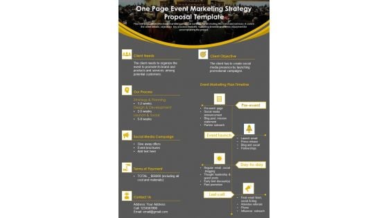 One Page Event Marketing Strategy Proposal Template PDF Document PPT Template One Page Event Marketing Strategy Proposal Template PDF Document PPT Template