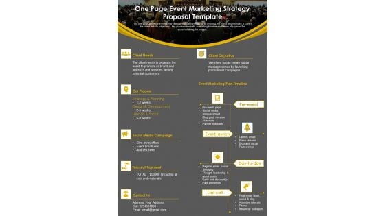 One Page Event Marketing Strategy Proposal Template PDF Document PPT Template