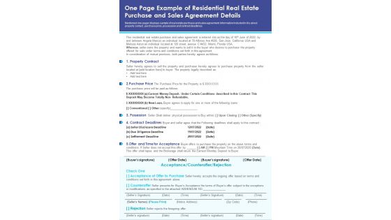 One Page Example Of Residential Real Estate Purchase And Sales Agreement Details PDF Document PPT Template