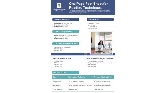 One Page Fact Sheet For Reading Techniques PDF Document PPT Template