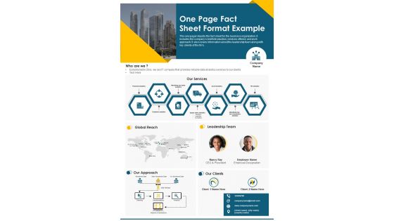 One Page Fact Sheet Format Example PDF Document PPT Template