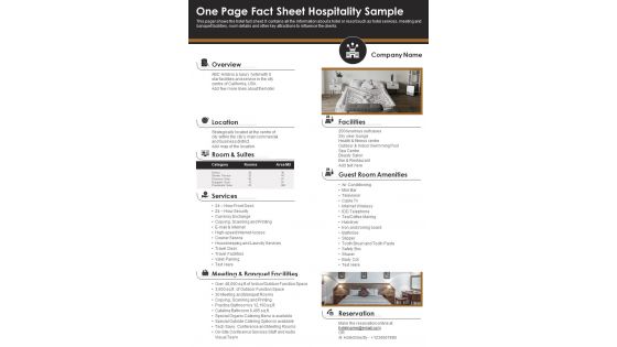 One Page Fact Sheet Hospitality Sample PDF Document PPT Template