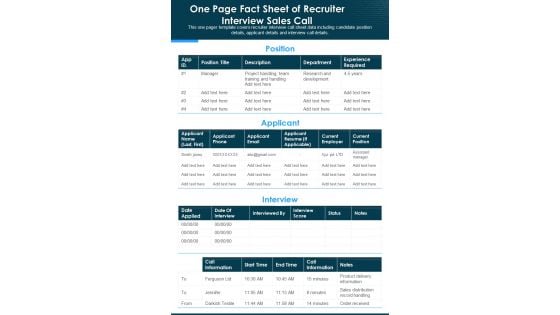 One Page Fact Sheet Of Recruiter Interview Sales Call PDF Document PPT Template