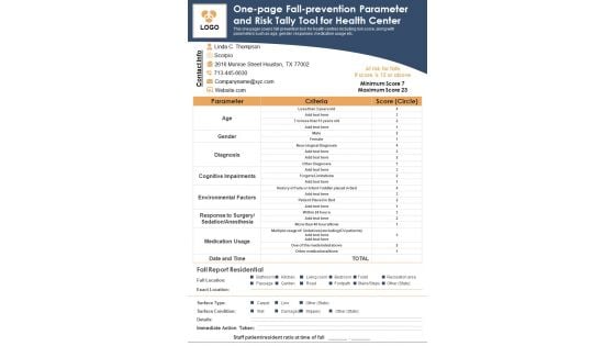 One Page Fall Prevention Parameter And Risk Tally Tool For Health Center PDF Document PPT Template