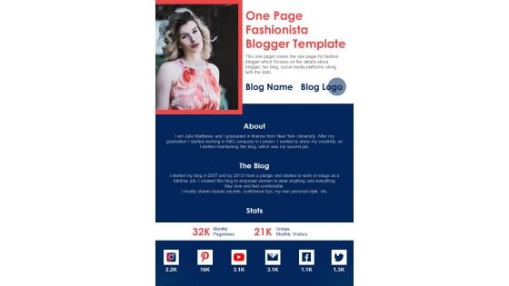 One Page Fashionista Blogger Template PDF Document PPT Template