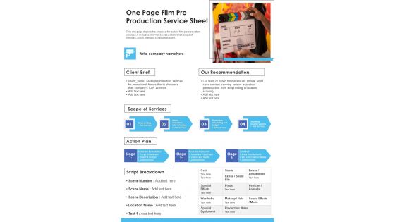 One Page Film Pre Production Service Sheet PDF Document PPT Template