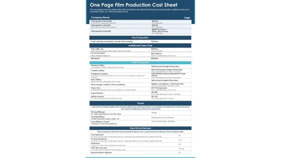 One Page Film Production Cost Sheet PDF Document PPT Template One Page Film Production Cost Sheet PDF Document PPT Template