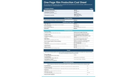 One Page Film Production Cost Sheet PDF Document PPT Template