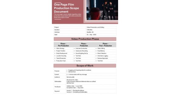 One Page Film Production Scope Document PDF Document PPT Template