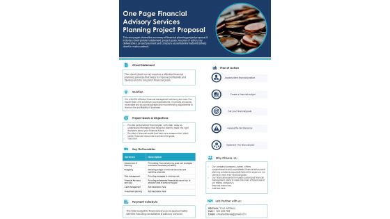 One Page Financial Advisory Services Planning Project Proposal PDF Document PPT Template