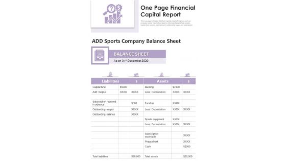One Page Financial Capital Report PDF Document PPT Template