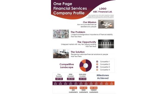 One Page Financial Services Company Profile PDF Document PPT Template