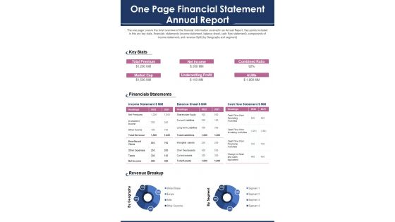 One Page Financial Statement Annual Report PDF Document PPT Template