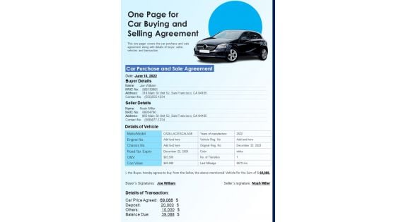 One Page For Car Buying And Selling Agreement PDF Document PPT Template