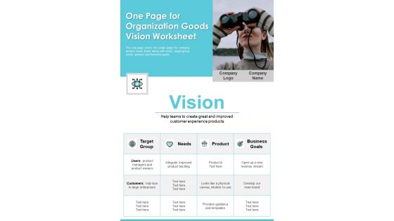 One Page For Organization Goods Vision Worksheet PDF Document PPT Template