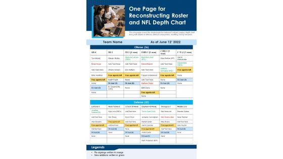 One Page For Reconstructing Roster And NFL Depth Chart PDF Document PPT Template
