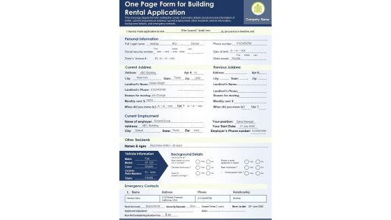 One Page Form For Building Rental Application PDF Document PPT Template