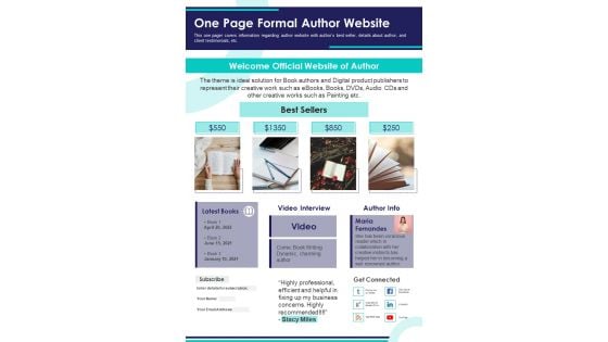 One Page Formal Author Website PDF Document PPT Template