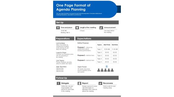 One Page Format Of Agenda Planning PDF Document PPT Template