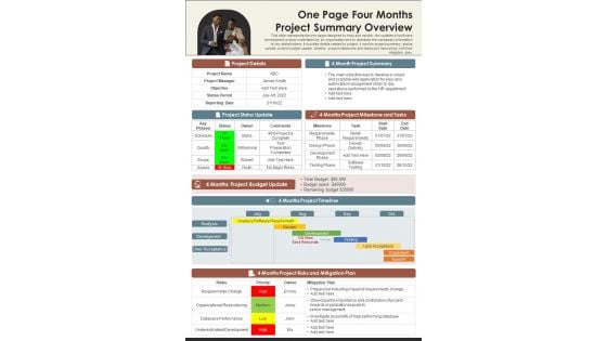 One Page Four Months Project Summary Overview PDF Document PPT Template