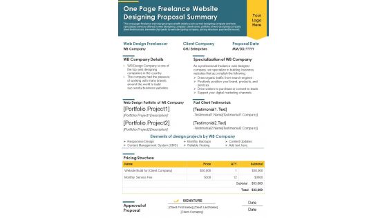 One Page Freelance Website Designing Proposal Summary PDF Document PPT Template