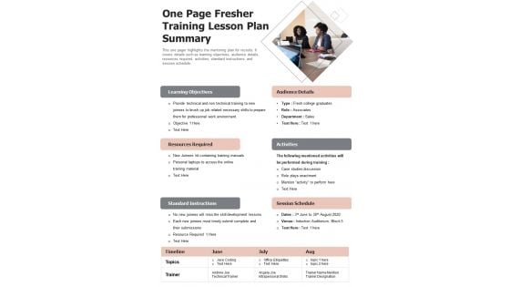 One Page Fresher Training Lesson Plan Summary PDF Document PPT Template One Page Fresher Training Lesson Plan Summary PDF Document PPT Template
