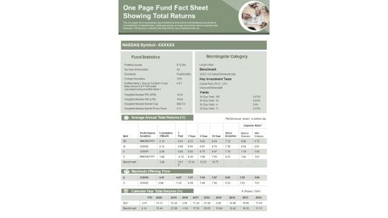 One Page Fund Fact Sheet Showing Total Returns PDF Document PPT Template