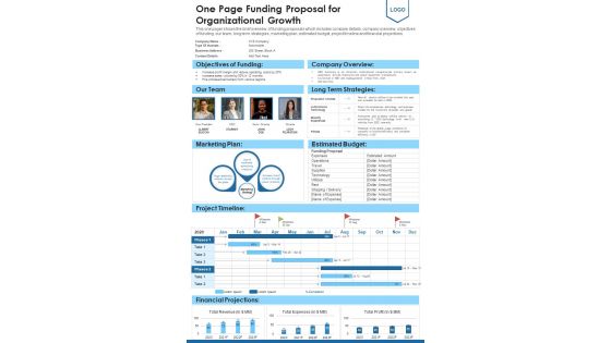 One Page Funding Proposal For Organizational Growth PDF Document PPT Template