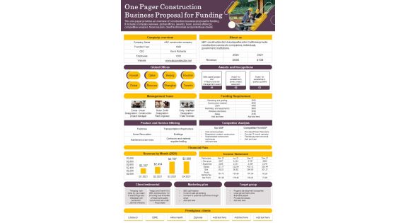 One Page Fundraising Proposal For Construction Company PDF Document PPT Template