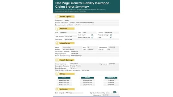 One Page General Liability Insurance Claims Status Summary PDF Document PPT Template