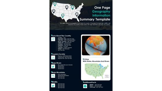One Page Geography Infomation Summary Template PDF Document PPT Template