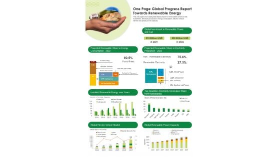 One Page Global Progress Report Towards Renewable Energy PDF Document PPT Template