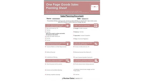 One Page Goods Sales Planning Sheet PDF Document PPT Template