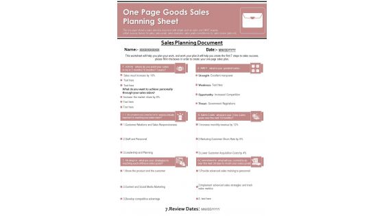 One Page Goods Sales Planning Sheet PDF Document PPT Template One Page Goods Sales Planning Sheet PDF Document PPT Template