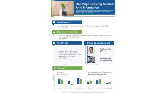 One Page Growing Markets Fund Information PDF Document PPT Template