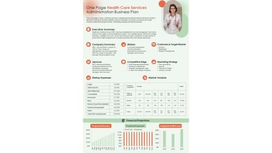 One Page Health Care Services Administration Business Plan PDF Document PPT Template One Page Health Care Services Administration Business Plan PDF Document PPT Template