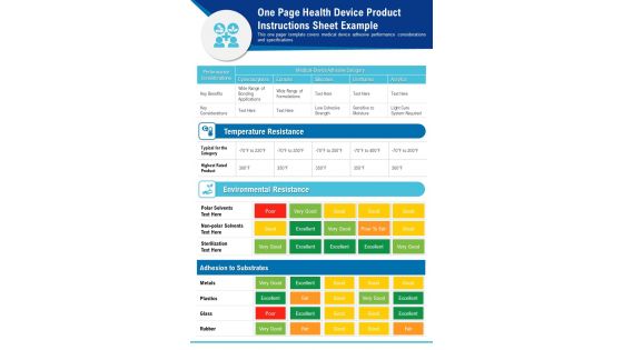 One Page Health Device Product Instructions Sheet Example PDF Document PPT Template