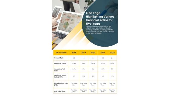 One Page Highlighting Various Financial Ratios For Five Years PDF Document PPT Template