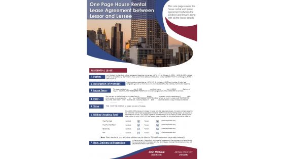 One Page House Rental Lease Agreement Between Lessor And Lessee PDF Document PPT Template