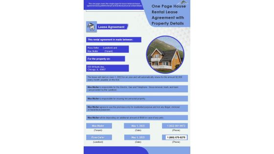 One Page House Rental Lease Agreement With Property Details PDF Document PPT Template