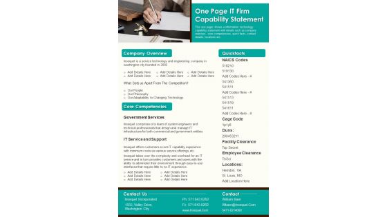 One Page IT Firm Capability Statement PDF Document PPT Template