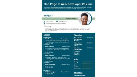 One Page IT Web Developer Resume PDF Document PPT Template