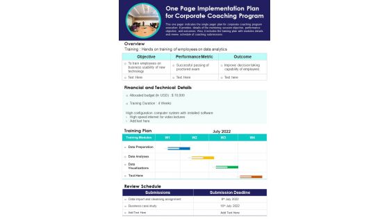 One Page Implementation Plan For Corporate Coaching Program PDF Document PPT Template