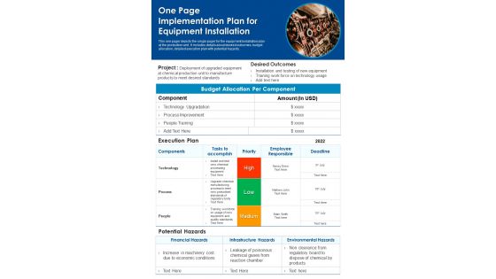 One Page Implementation Plan For Equipment Installation PDF Document PPT Template